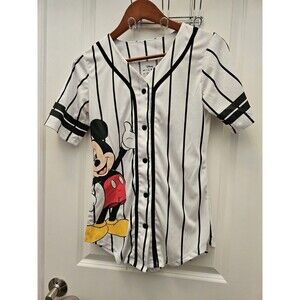 Disney Mickey Mouse Baseball Jersey Shirt White Black Pinstripe Button Up Small
